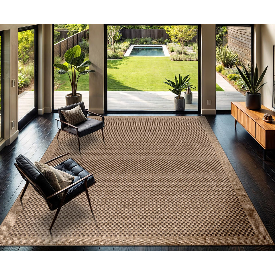 CAMILSON Easy Jute Rug 10x14, Indoor Outdoor Natural Color Fiber Area Rugs for Living Room Patio and Kitchen Rug Herringbone Woven Design Easy-Cleaning Washable Outside Carpet Alfombras 10 x 14