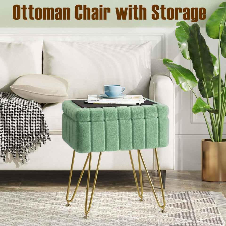 Greenstell Vanity Stool Chair Faux Fur with Storage, 15.7"L x 11.8"W x 19.4"H Soft Ottoman 4 Metal Legs with Anti-Slip Feet, Furry Padded Seat, Modern Multifunctional Chairs for Makeup, Bedroom Pink