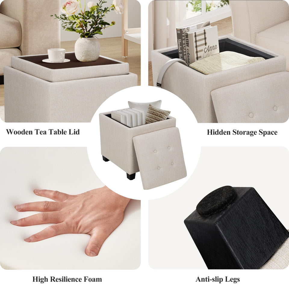 COLAMY Fabric Square Storage Ottoman with Reversible Tray Lid – Multi-Functional Footrest, Hidden Storage, Sturdy & Stylish Small Coffee Table for Living Room, Bedroom, or Entryway(Beige)