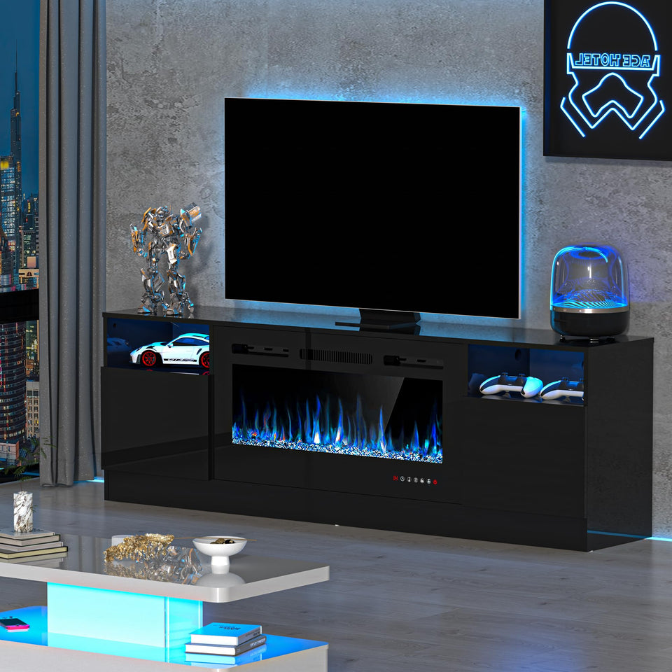 OUTGUAVA Fireplace TV Stand for 80 Inch TV, TV Stand with 36" Fireplace, LED Light Entertainment Center with Storage Cabinets, Media TV Console TV Table for Living Room, Black