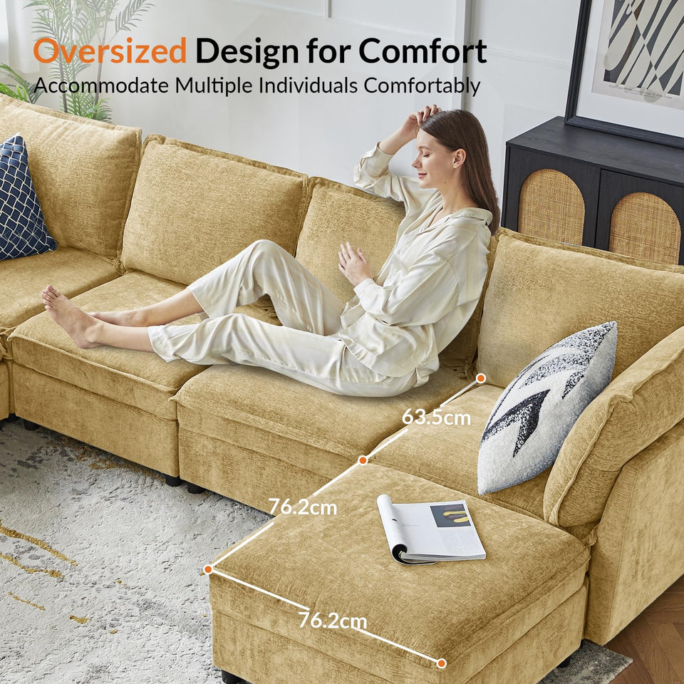 HULALA HOME 127'' Modular Sectional Sofa, Oversized U Shaped Couch with Storage Ottoman, Comfy Chenille Sofa with Deep Seat, 6 Seat Convertible Couches for Living Room, Beige