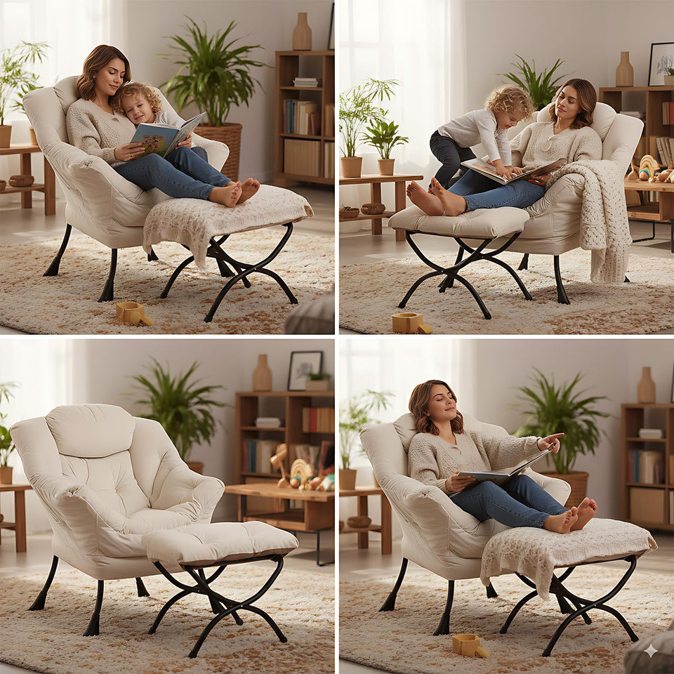 LITA Lazy Chair with Ottoman, Modern Accent Leisure Upholstered Lazy Sofa Armchair, Contemporary Lounge Reading Chair with Armrests and a Side Pocket for Living Room, Bedroom & Small Space, Dark Grey