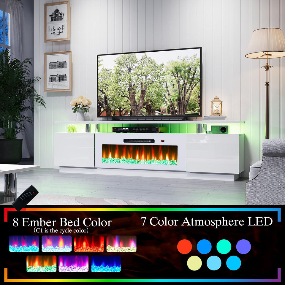 AMERLIFE Fireplace TV Stand with 36" Fireplace, 70" Modern High Gloss Fireplace Entertainment Center LED Lights, 2 Tier TV Console Cabinet for TVs Up to 80", Obsidian Black