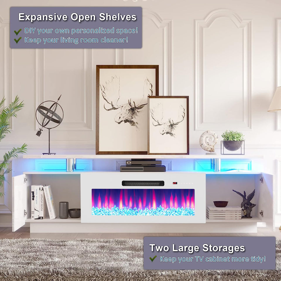 AMERLIFE Fireplace TV Stand with 36" Fireplace, 70" Modern High Gloss Fireplace Entertainment Center LED Lights, 2 Tier TV Console Cabinet for TVs Up to 80", Obsidian Black