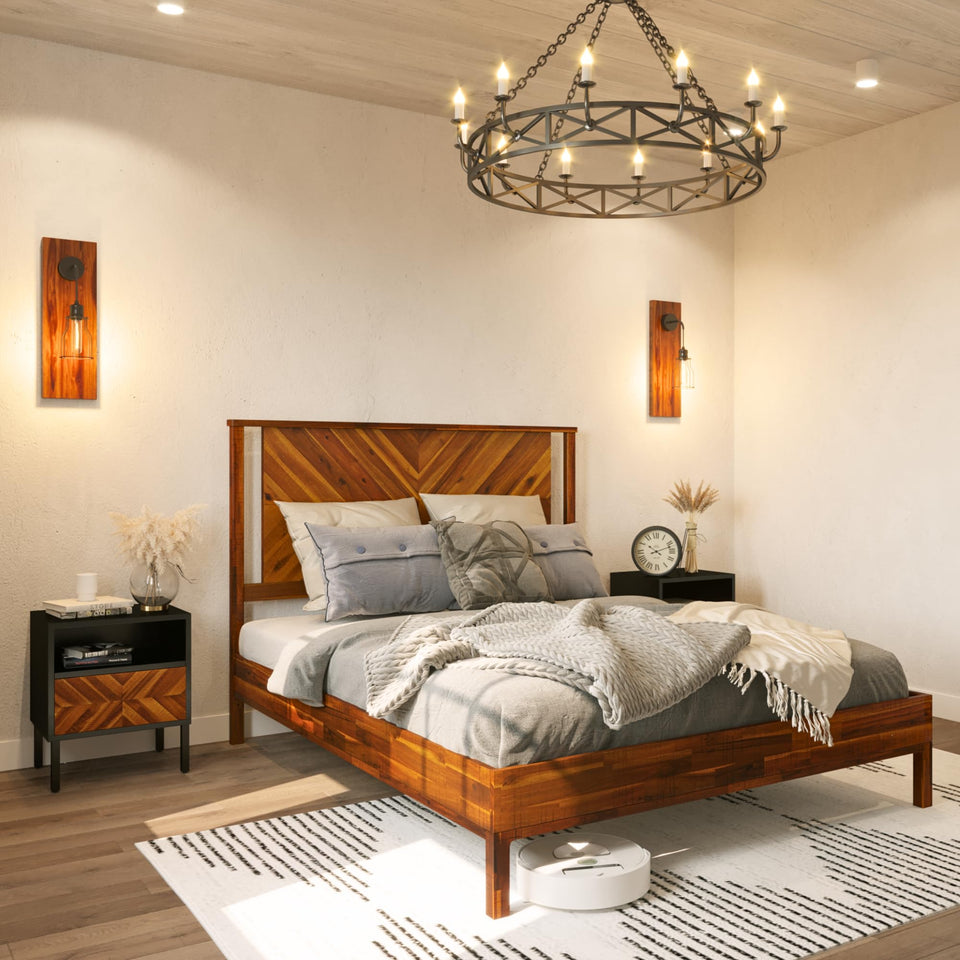 Bme Vivian 14 Inch Deluxe Bed Frame with Headboard, Rustic & Scandinavian Style with Solid Acacia Wood, No Box Spring Needed, 12 Strong Wood Slat Support, Easy Assembly, King, Rustic Golden Brown