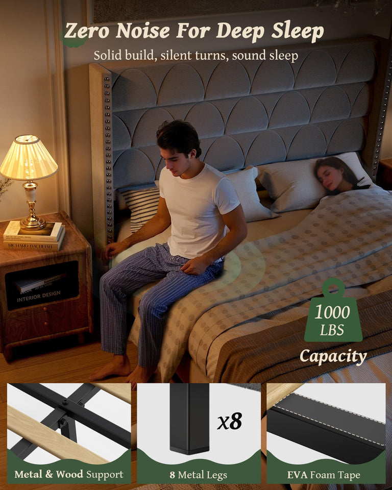 OHOHOLIVE King Size Bed Frame with 56" Headboard - 1000LBS Capacity Support, Velvet Upholstered Wingback Platform Bed Frame, Noise Free, Sturdy Wooden Slat Support