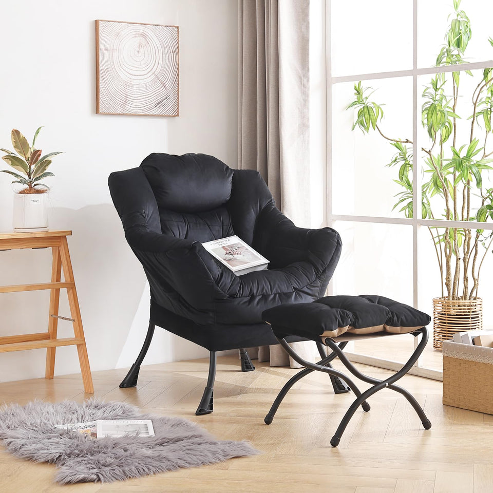 LITA Lazy Chair with Ottoman, Modern Accent Leisure Upholstered Lazy Sofa Armchair, Contemporary Lounge Reading Chair with Armrests and a Side Pocket for Living Room, Bedroom & Small Space, Dark Grey