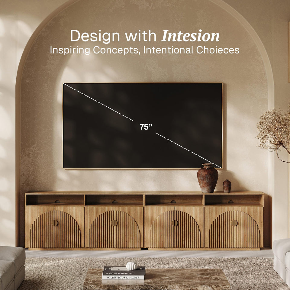 BELLEZE 65 Inch Fluted Buffet Cabinet with Storage, Symmetrical Arc Accent Sideboard Large Console Table for Dining Room, Kitchen, and Living Room (Caramel Brown)