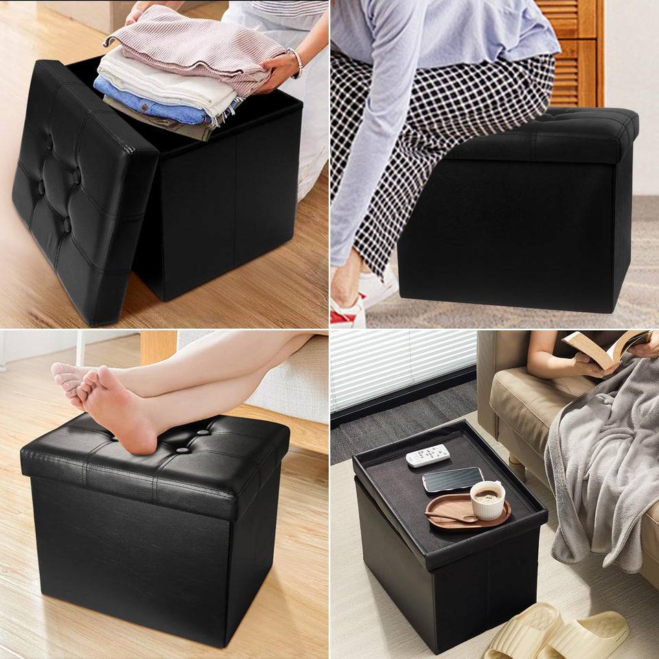 AmasSmile Storage Ottoman Folding Foot Rest Stool, Leather Footstool Bench, Short Ottoman Stool, Storage Foot Rest Store, Books (Black, 17" D x 13" W x 13" H)