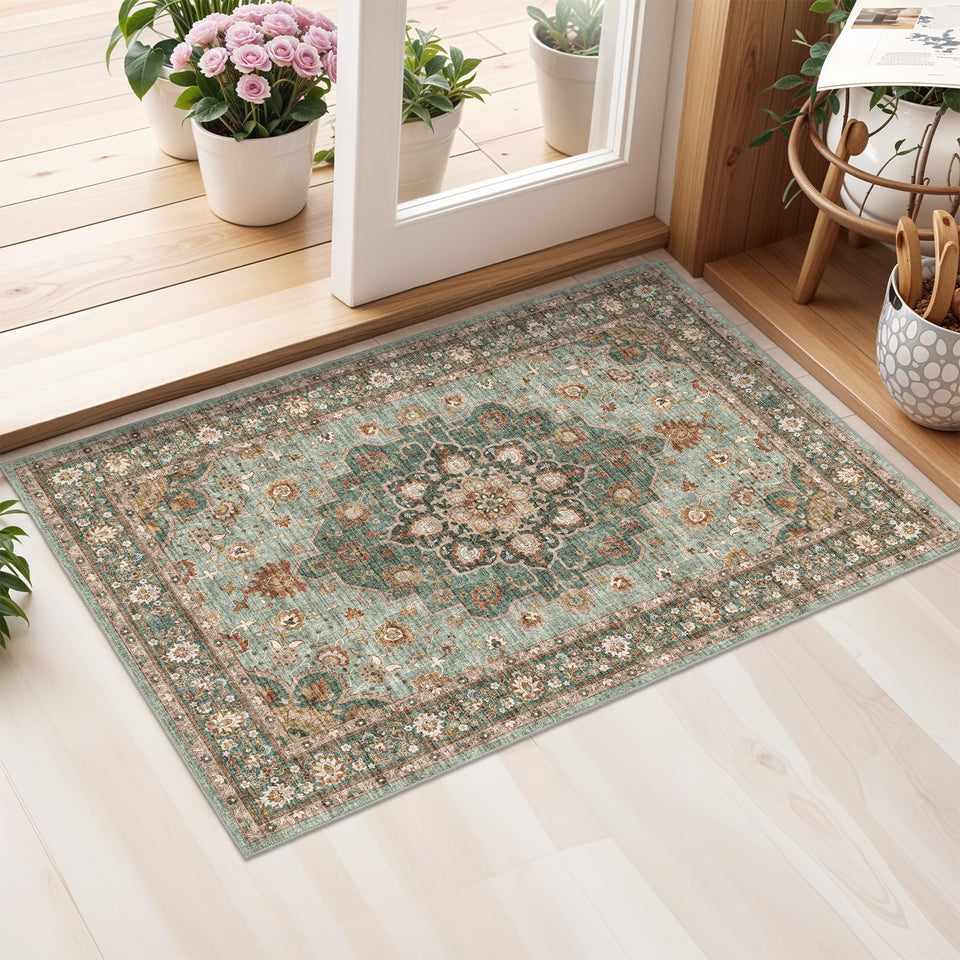 TOPRUUG Washable Oriental Area Rug - 12x15 Rugs for Living Room Soft Carpet for Bedroom Waterproof Floral Distressed Indoor Stain Resistant Non-Shedding Floor Carpets (Green, 12x15)