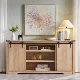 JXQTLINGMU Farmhouse TV Stand for 75+ Inch TV, 32" Tall Entertainment Center w/4 Drawers & Sliding Barn Door, Rustic Media Console w/Storage Shelves, 66" Wood Television Stand for Living Room, Brown