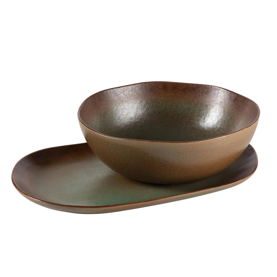 Bloomhouse Santorini Mist Double Bowl Terracotta Reactive Glaze Plates and Bowls Dinnerware Set - Amber, Service for Four (16pcs)