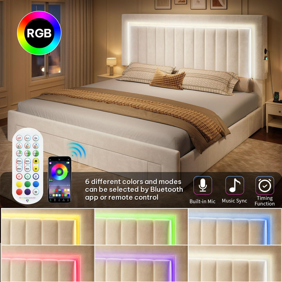 YITAHOME King Size Bed Frame with Adjustable Headboard, 4 Storage Drawers and RGB LED Lights, Velvet Upholstered Platform Bed with USB Ports, No Box Spring Needed, Fast Assembly, Noise-Free, Black