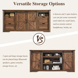 JXQTLINGMU Farmhouse TV Stand for 75+ Inch TV, 32" Tall Entertainment Center w/4 Drawers & Sliding Barn Door, Rustic Media Console w/Storage Shelves, 66" Wood Television Stand for Living Room, Brown