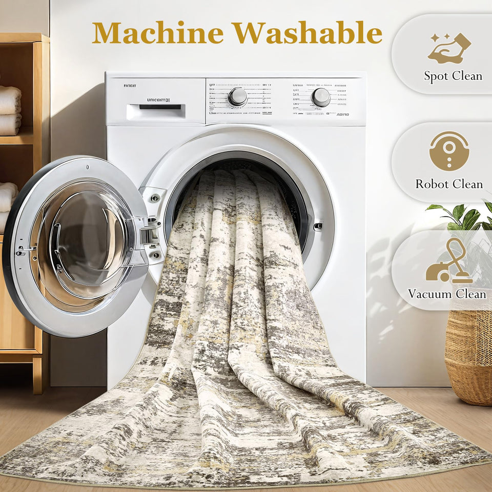 Area Rugs for Living Room: 12x15 Abstract Washable Rug Modern Neutral Large Soft Stain Resistant Non-Slip Backing Machine Table for Bedroom Dining Room Indoor Home Office Carpet - Gold Brown