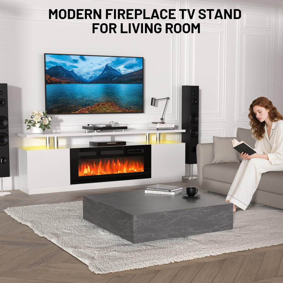 KOKEBREN 70'' Fireplace TV Stand, Entertainment Center with 36'' Firplace, 2 Tier TV Console Cabinet with Storage Cabinet, Electric Fireplace Heater with LED Light and 12 Flame Colors, Black