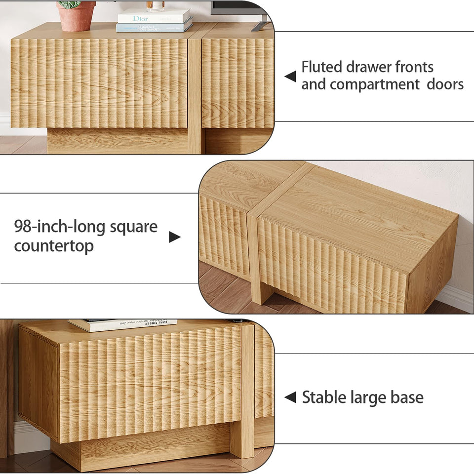 UKAOCAI 86.61'' Tambour TV Stand for 55-85 Inch, Modern Entertainment Center with Large Storage Cabinet & Open Shelves, TV Console with Sliding Doors for Living Room, Bedroom, Natural