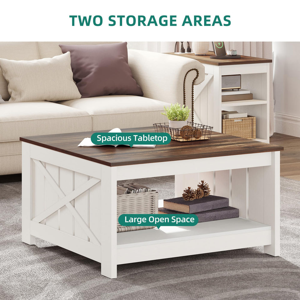 YITAHOME Coffee Table Farmhouse Coffee Table with Storage Rustic Wood Cocktail Table, Square Coffee Tables for Living Meeting Room with Half Open Storage Compartment, Grey Wash