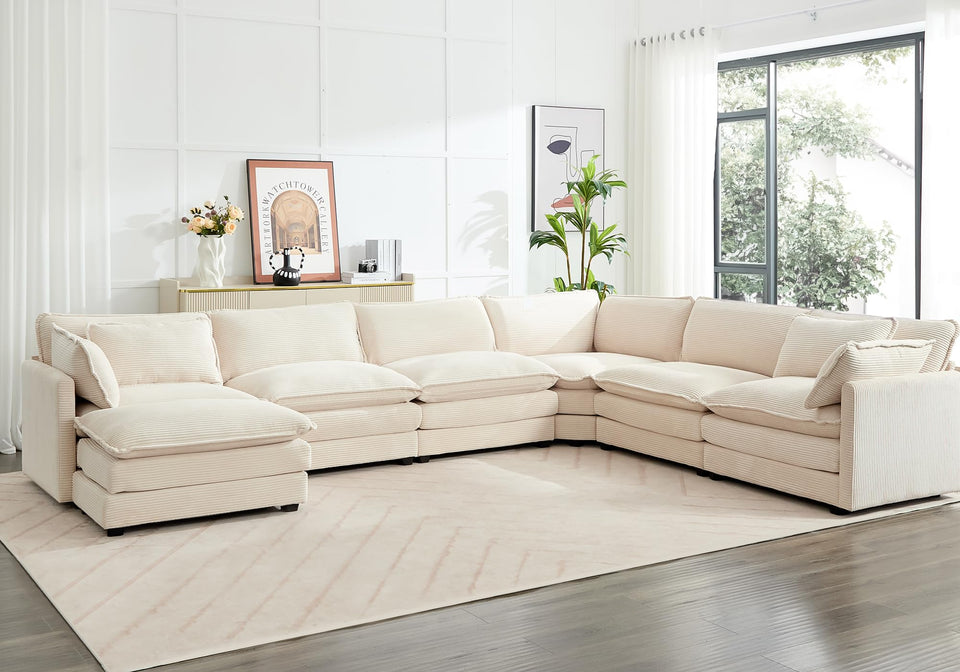 ROWHY 150'' Modular Sectional Sofa Cloud Couch, Corner Sofa Big Comfy Corduroy Oversized L Shaped Couch with 4 Pillows, Chaise, Ottoman, Deep Seat Couches for Living Room Office, Dark Grey