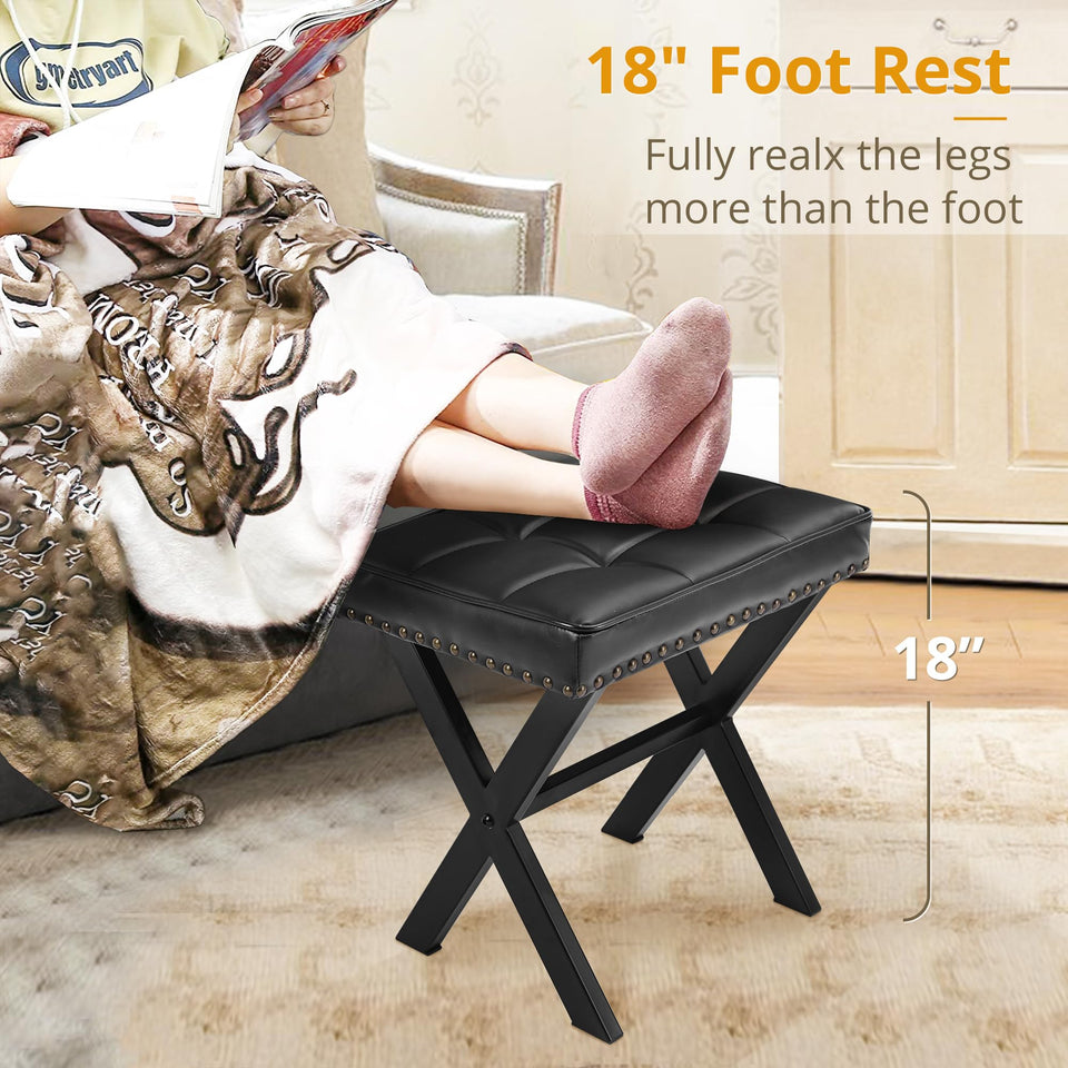 LUE BONA Square Linen Makeup Stool, Metal X Legs, Small Ottoman Stool Chair for Vanity, Modern Padded Seat Foot Rest for Makeup Room, Bathroom