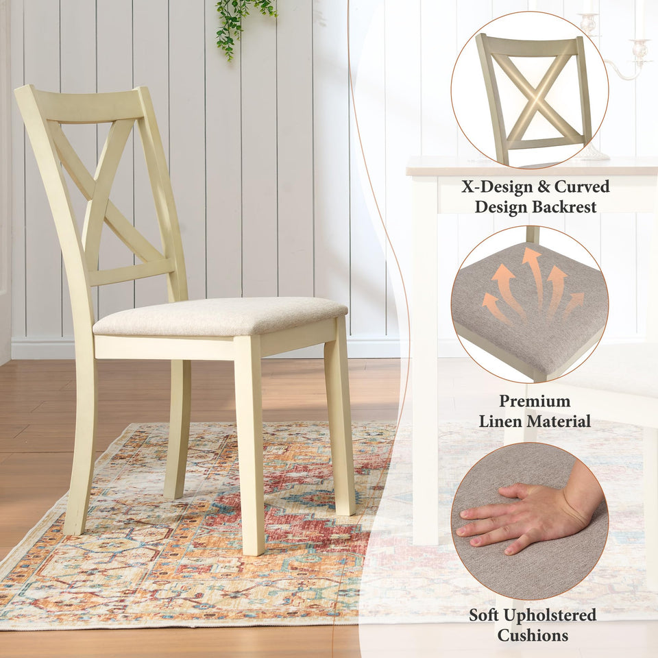 AMERLIFE 7-Piece Farmhouse Solid Wood Dining Table Set with 6 Upholstered Chairs, 60" Space Saving Dinner Table & Chairs Set, for Dining Room, Kitchen, Restaurant, Brown & White