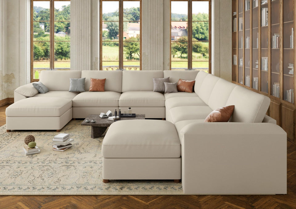 EASE MOOSE Leather Sectional Couch, Oversized Modular Sectional Sofas, Wide Deep Seat Modular Couch, Scratch Resistant Faux Leather Material, L Shaped Sofa for Big Spaces,Beige