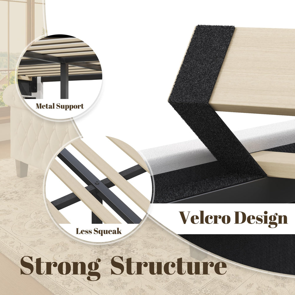 HISOFT Queen Bed Frame, 39" Tall Velvet Upholstered Sleigh Bed with Wingback Headboard & Scroll Footboard, No Box Spring Needed, Sturdy Support, Easy Assembly, Noise Free, Button Tufted, White