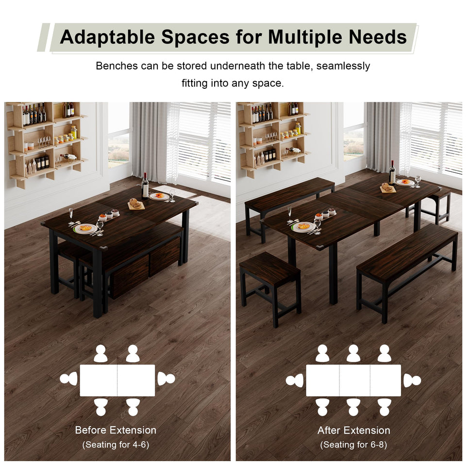 Feonase 5-Piece Dining Table Set for 4-8 People, 63" Large Extendable Kitchen Table Set with 2 Benches and 2 Square Stools, Dining Room Table with MDF Wood Board, Easy Assembly, Black
