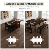 Feonase 5-Piece Dining Table Set for 4-8 People, 63" Large Extendable Kitchen Table Set with 2 Benches and 2 Square Stools, Dining Room Table with MDF Wood Board, Easy Assembly, Black