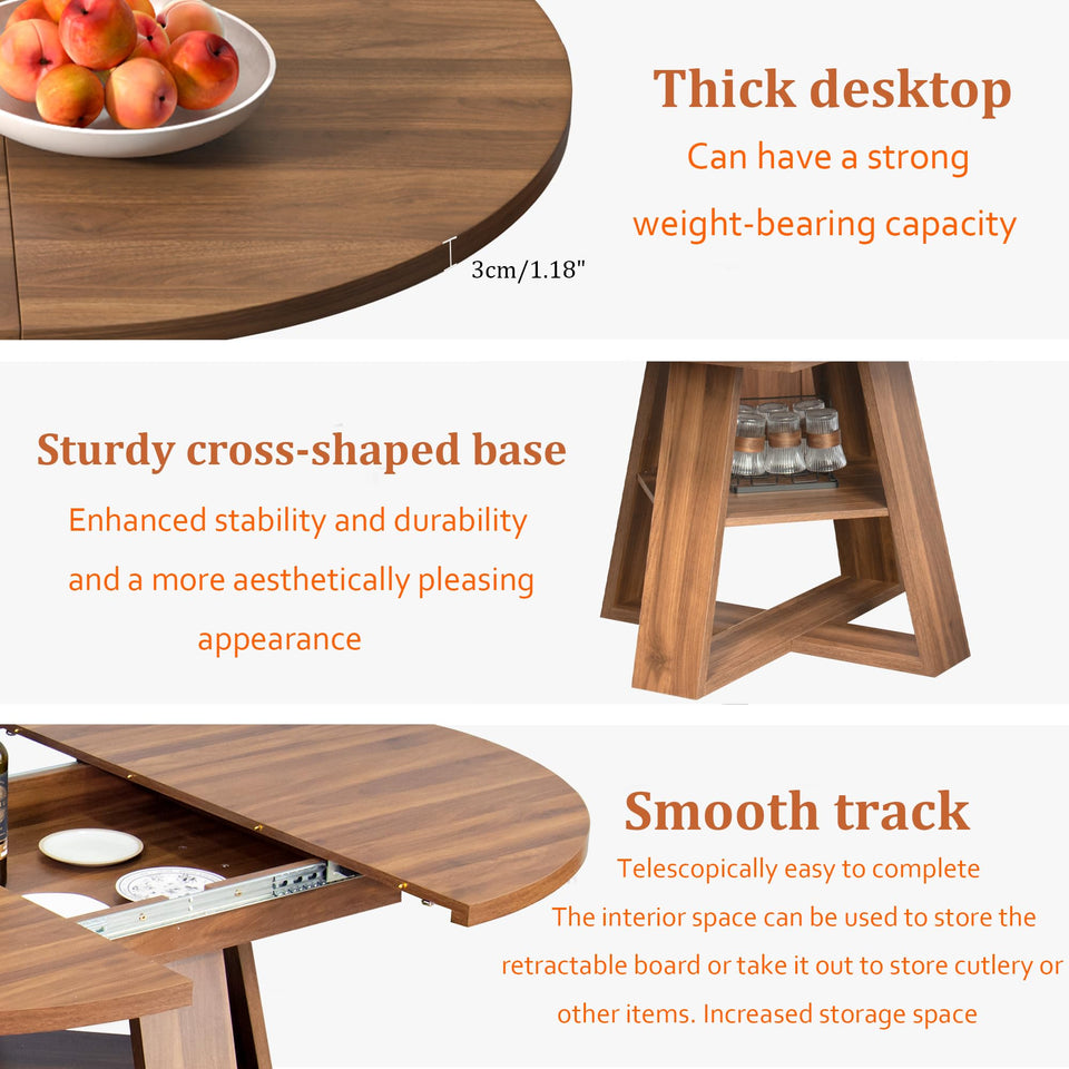 43.3in-59in Extendable Round Dining Table for 4-8,Modern Kitchen Oval Dining Table with Removable Leaves Space Saving,Wood Base with Storage Shelf for Kitchen Living Room (Walnut)
