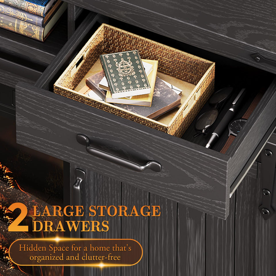 59'' Fireplace TV Stand with 3D Flame Electric Fireplace Heater, 34'' Tall Farmhouse TV Stand for 65 Inch TV, Entertainment Center TV Console with 2 Drawers, Sliding Barn Door for Living Room - White