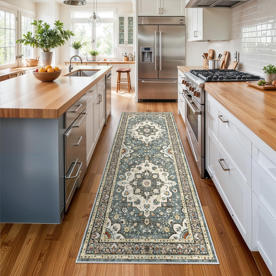 TOPRUUG Washable Oriental Area Rug - 12x15 Rugs for Living Room Soft Carpet for Bedroom Waterproof Floral Distressed Indoor Stain Resistant Non-Shedding Floor Carpets (Green, 12x15)