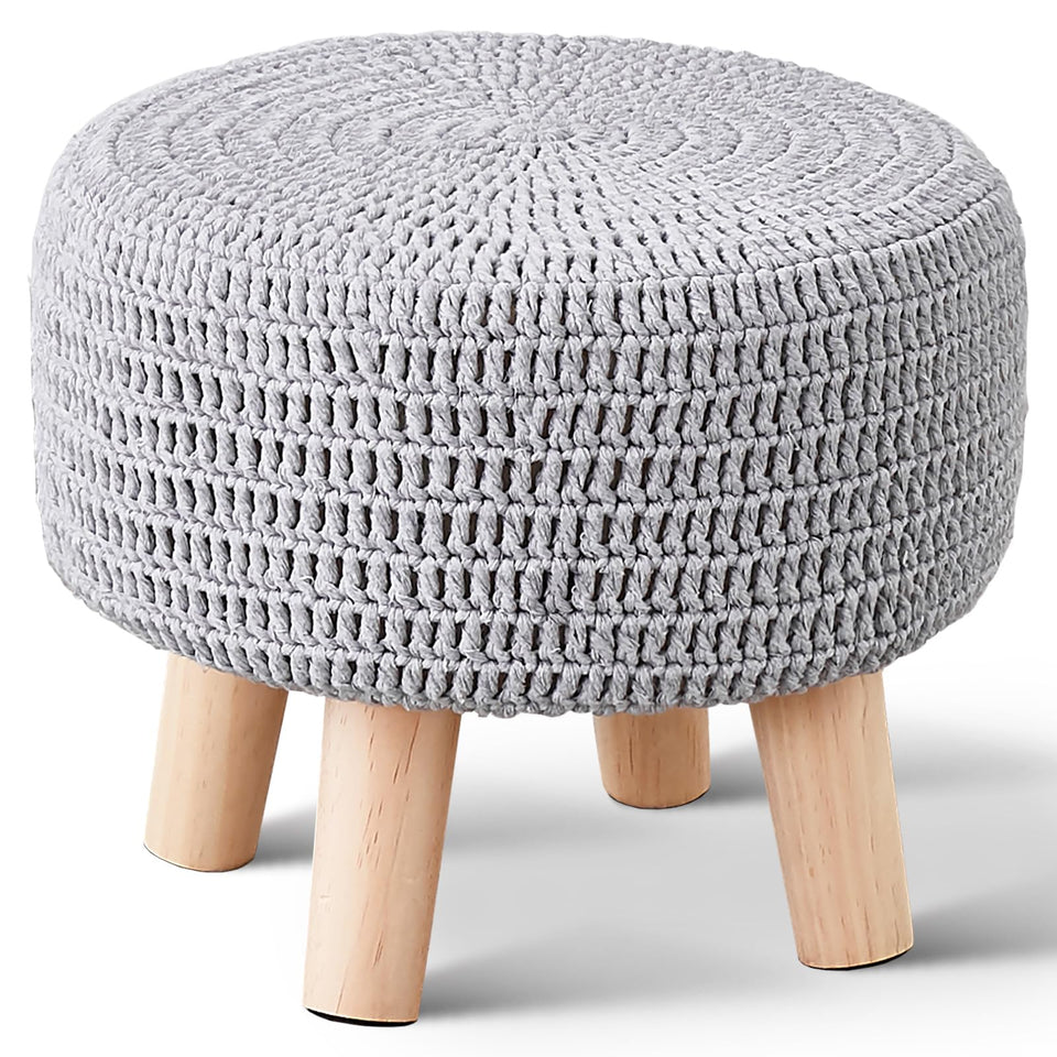 Wimarsbon Pouf Ottoman, 100% Cotton Knitted Boho Footstool, Round Footrest with Non-Skid Wood Legs, Home Décor Handmade Pouffe, Leisure Floor Step Stool for Living Room (Beige)