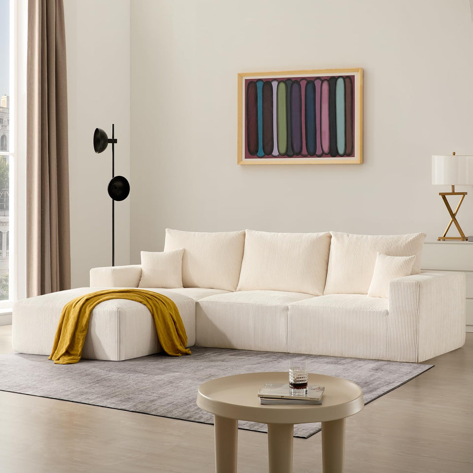 Sectional Cloud Boneless Sofa Couches for Living Room-113'' Beige 3 Seater U-Shaped Modern Lounge Couch-No Assembly Modular Corduroy Convertible Sponge Sleeper Sofas with Chaise for Home House