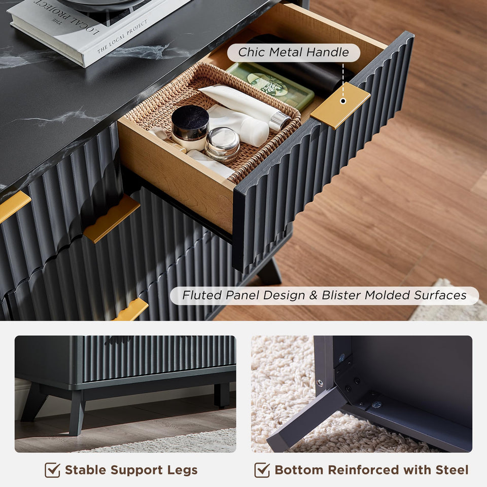 T4TREAM Fluted 7 Drawers Dresser, 54" Wide Modern Chest of Drawers with Faux Marble Top, Curved Profile Design, Dresser TV Stand, Wood Drawer Organizer for Bedroom, Living Room, Hallway, Natural Oak