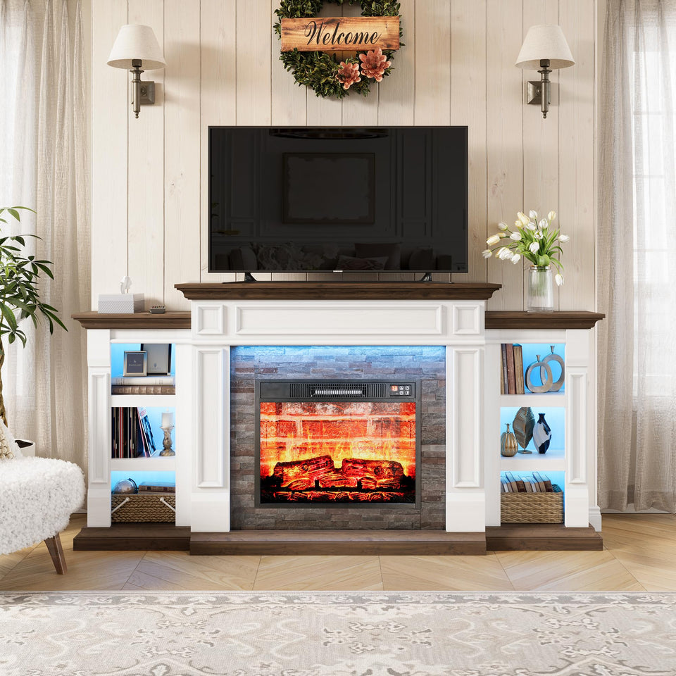 80" Fireplace TV Stand for TVs Up to 90 Inch, Electric Fireplace with Mantel, Farmhouse Entertainment Center with Storage, Realistic Stacked Stone Surround with Remote Control for Living Room