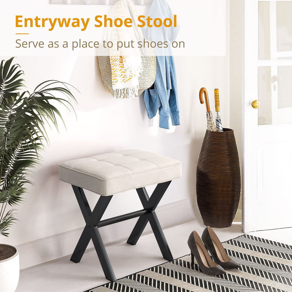 LUE BONA Square Linen Makeup Stool, Metal X Legs, Small Ottoman Stool Chair for Vanity, Modern Padded Seat Foot Rest for Makeup Room, Bathroom