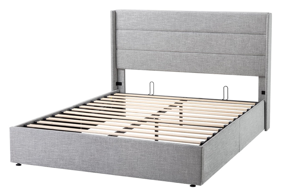 Allewie King Size Lift Up Storage Bed, Modern Wingback Headboard, Hydraulic Support, No Box Spring Needed, Light Beige