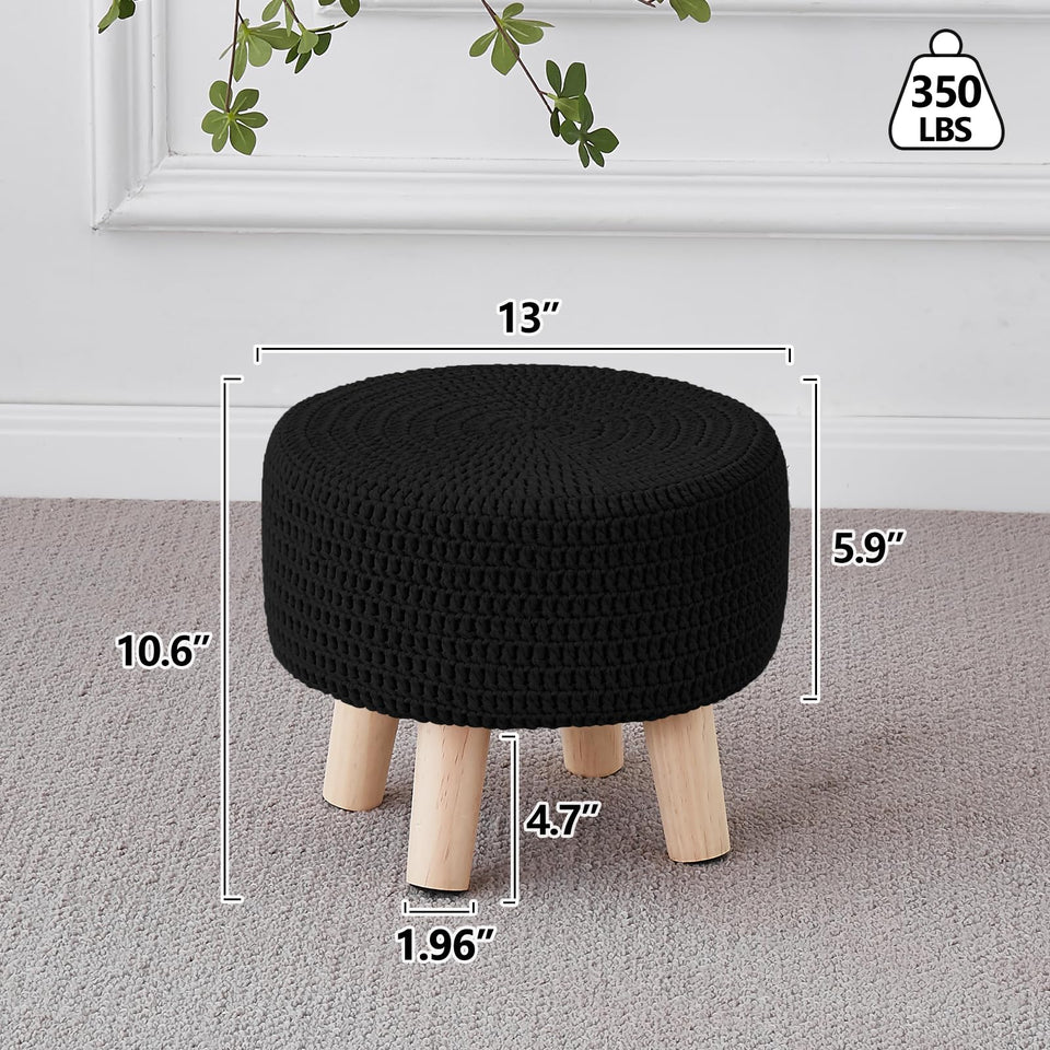 Wimarsbon Pouf Ottoman, 100% Cotton Knitted Boho Footstool, Round Footrest with Non-Skid Wood Legs, Home Décor Handmade Pouffe, Leisure Floor Step Stool for Living Room (Beige)