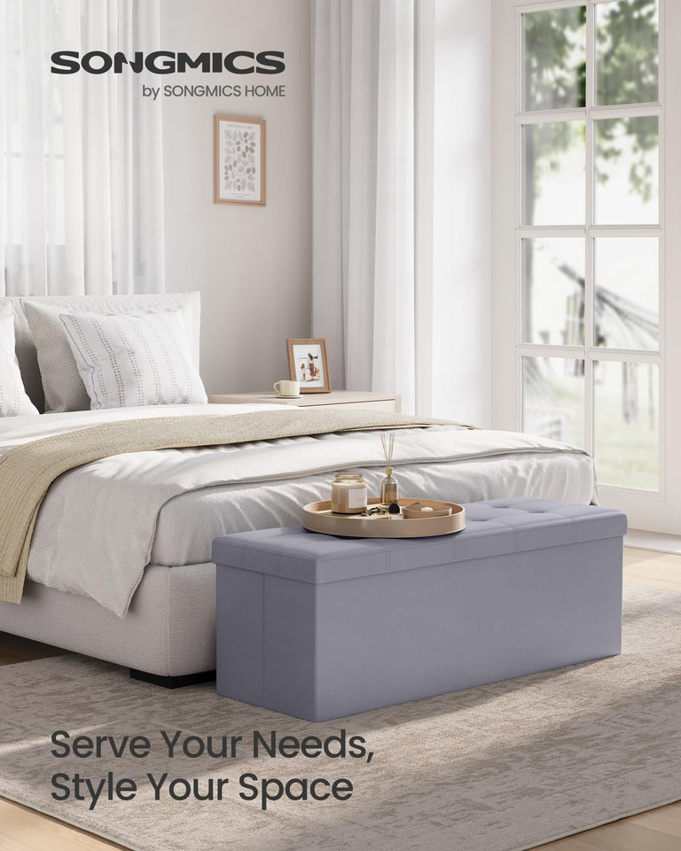 SONGMICS MAZIE Collection - 43 Inches Folding Storage Ottoman Bench, Ottoman with Storage, Foot Rest Stool, Load 660 lb, for Living Room, Synthetic Leather, Black ULSF701