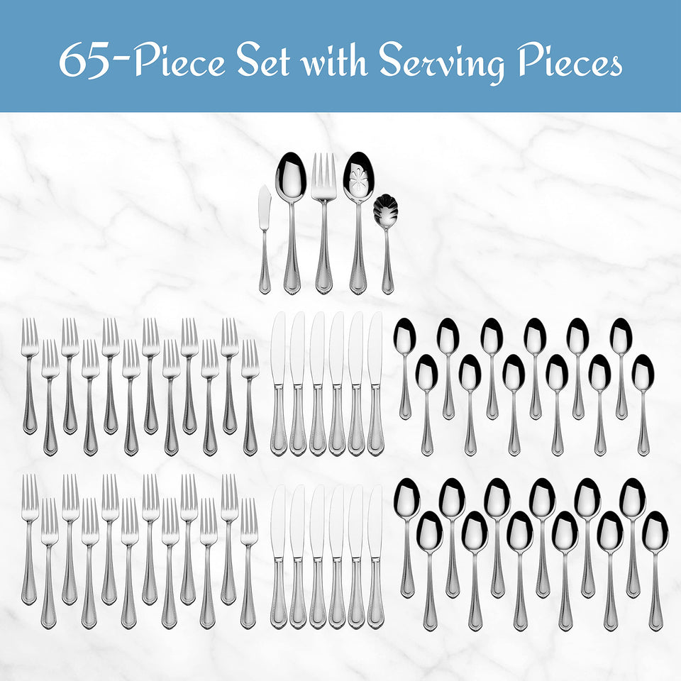 Mikasa Regent Bead 65-Piece Flatware Set for 12, 18/10 Stainless Steel Silverware with Full Service and Serving Utensils, Classic Beaded Edge Design