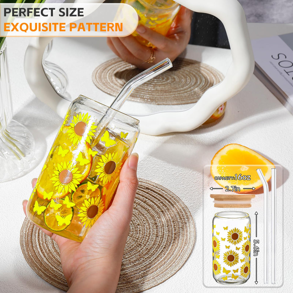 DWTS DANWEITESI Glass Cups with Lids and Straws 4 pcs,16oz Drinking Glasses Set for Coffee Bar Accessories,Iced Coffee Cups with Lids,Matcha Cup Glass Tumbler Reusable for Gifts