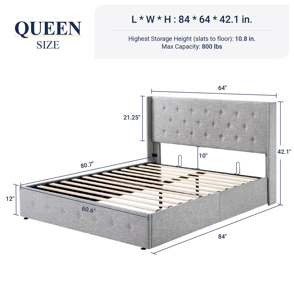 Allewie King Size Lift Up Storage Bed, Modern Wingback Headboard, Hydraulic Support, No Box Spring Needed, Light Beige
