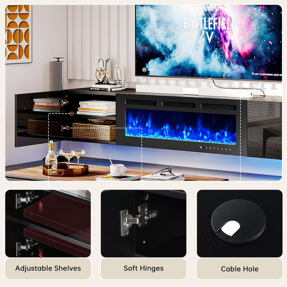 oneinmil 70" Floating TV Stand with 36" Electric Fireplace, Wall Mounted Fireplace Entertainment Center with Storage, Fire Place TV Console for Living Room, All Black