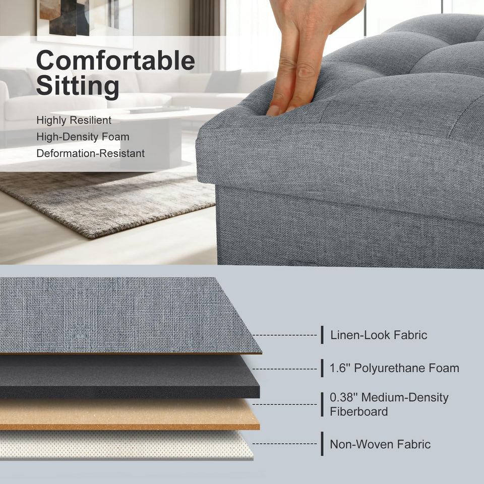Storage Ottoman with Extra Thick Foam Padded Seat, Foldable Foot Rest Stool with Linen Fabric, 43L Ottoman with Storage Bench for Bedroom Living Room, Holds Up to 300lbs, 17x13x13in, Dark Gray