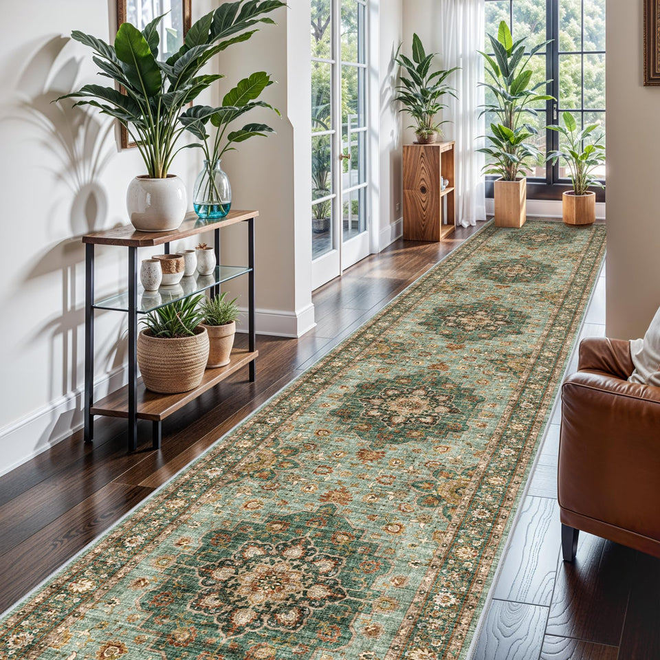 TOPRUUG Washable Oriental Area Rug - 12x15 Rugs for Living Room Soft Carpet for Bedroom Waterproof Floral Distressed Indoor Stain Resistant Non-Shedding Floor Carpets (Green, 12x15)