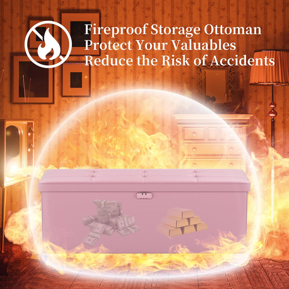 DocSafe Storage Ottoman with Lock,Fireproof Folding Ottoman Foot Rest Stool Storage Chest with Storage Safe for Important Documents,Waterproof 17 Inches Short Ottoman Foot Stool with Handles,Black