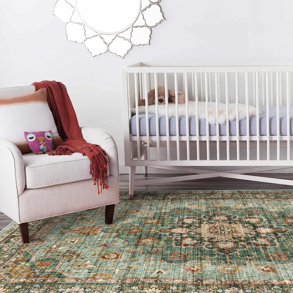 TOPRUUG Washable Oriental Area Rug - 12x15 Rugs for Living Room Soft Carpet for Bedroom Waterproof Floral Distressed Indoor Stain Resistant Non-Shedding Floor Carpets (Green, 12x15)