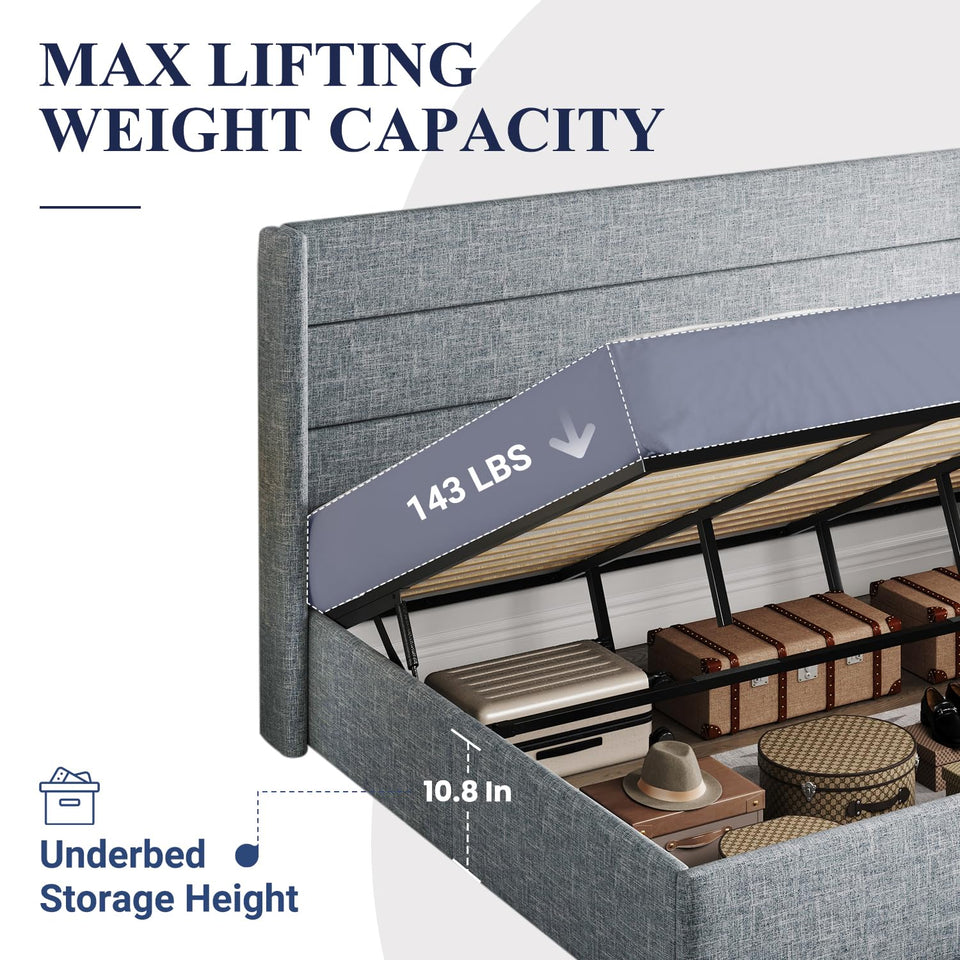 Allewie King Size Lift Up Storage Bed, Modern Wingback Headboard, Hydraulic Support, No Box Spring Needed, Light Beige