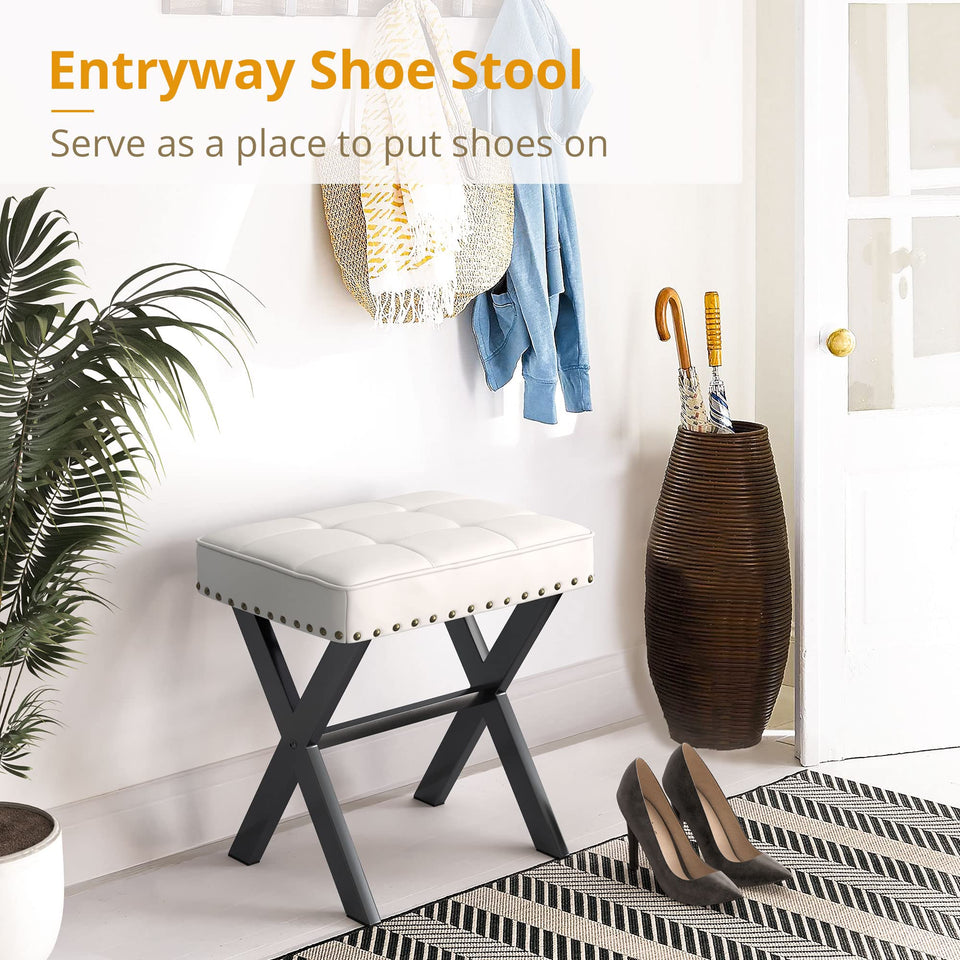 LUE BONA Square Linen Makeup Stool, Metal X Legs, Small Ottoman Stool Chair for Vanity, Modern Padded Seat Foot Rest for Makeup Room, Bathroom